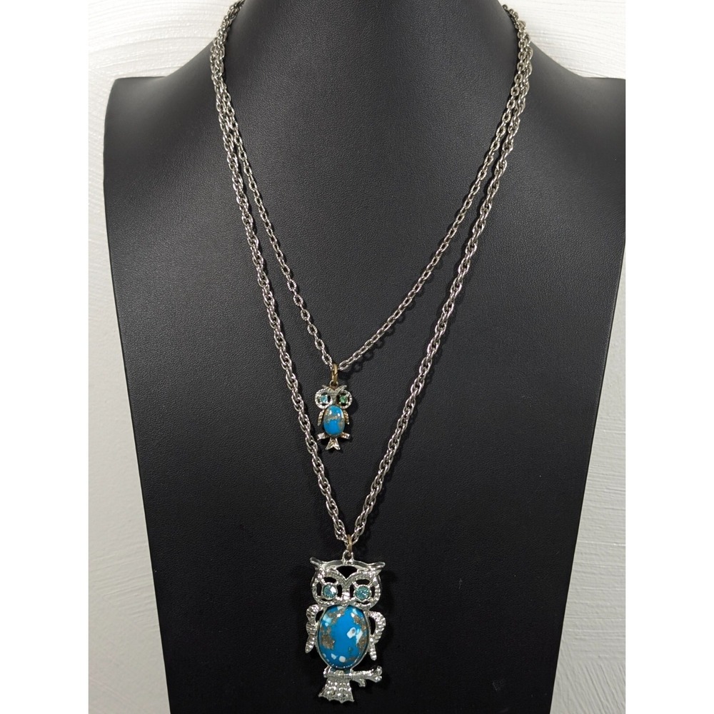 Vintage Owl Pendant Necklace Blue Glass Cabochon Layered Silver Tone 19"